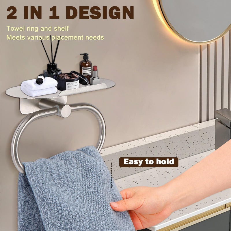 Siyzda Hand Towel Ring with Shelf  304 Stainless Steel Hand Towel Holder  Heavy Duty Bath Accessories  Wall Mounted Towel Hanger for Bathroom Kitchen (Brushed Nickel) - Image 4